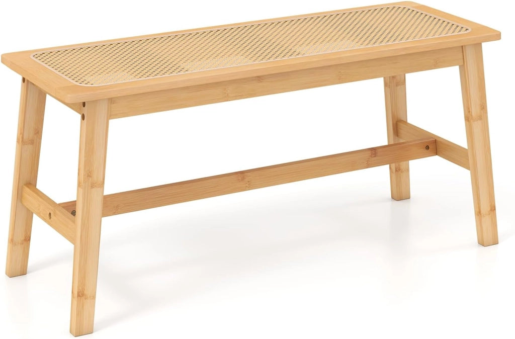 Panca da Pranzo 100 cm in Bambù Naturale, Panchina per 2 Persone con Seduta Rattan Intrecciato a Mano, Panca Stile Fattoria per Cucina, Bagno e Camera da Letto, Sgabello per Scarpe