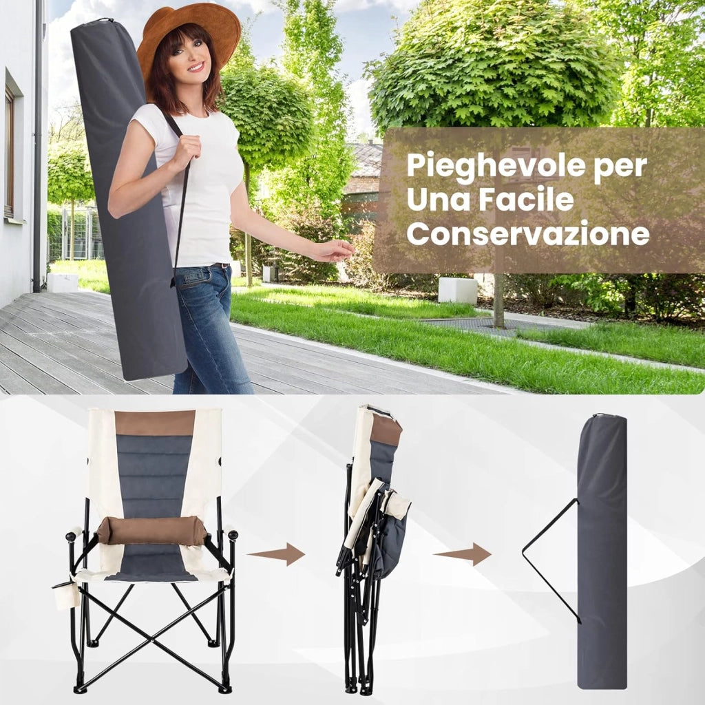 Sedia da Campeggio Pieghevole Portatile, Sedia da Campeggio Imbottita 150 KG con Portabicchieri Braccioli Cuscino Struttura in Metallo, Sedia Portatile da Esterno Pesca Giardino Campeggio