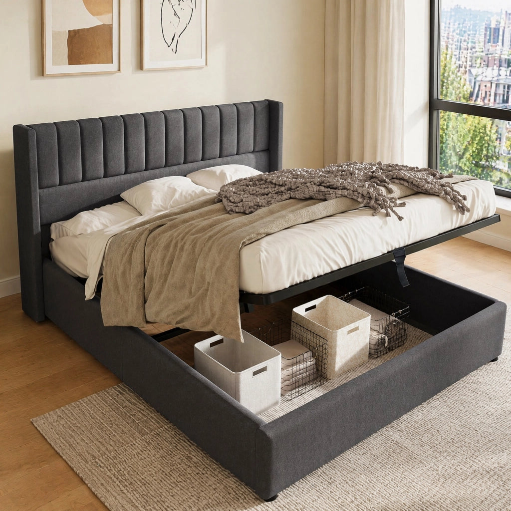 Letto matrimoniale contenitore 180x200 cm imbottito con rete sollevabile in lino grigio