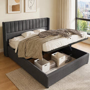 Letto matrimoniale contenitore 180x200 cm imbottito con rete sollevabile in lino grigio