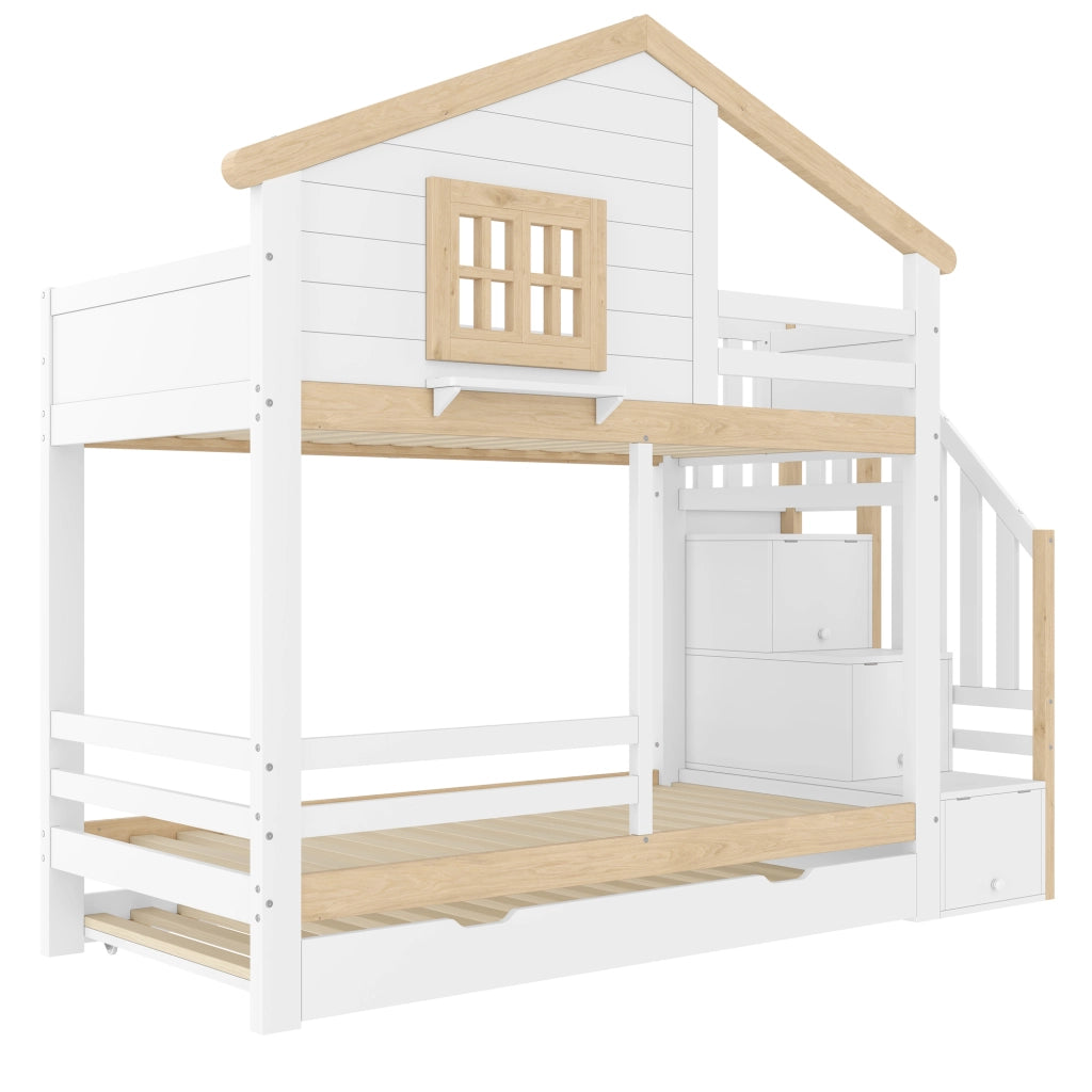 Letto a Castello 90x200 cm con Letto Estraibile; Sponde e Scala contenitore - Bianco