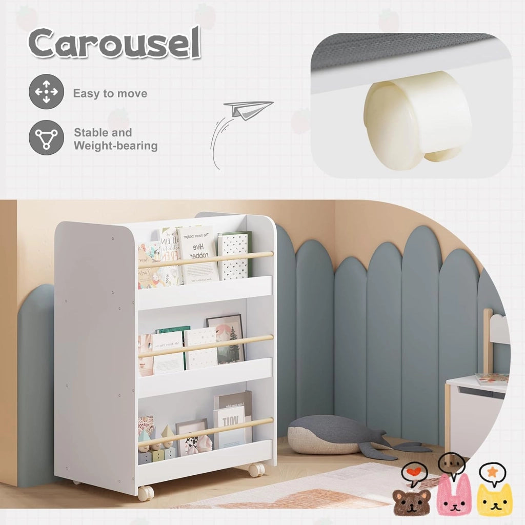 Libreria per Bambini con Ruote 2 in 1, Porta Libri e Giocattoli, Libreria a 3 Ripiani e Portagiochi con Scatole e Scomparti Aperti per Camerette, Asili, in Legno, Bianco, 62,5x40x82,5cm