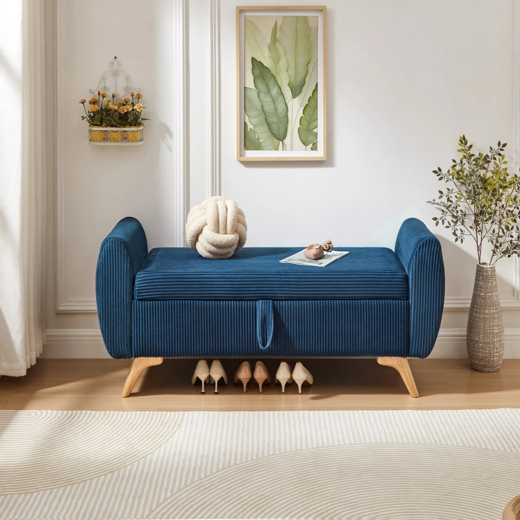 Banc a contenitore pieghevole con vano portaoggetti e gambe in legno, in velluto a coste blu per camera e soggiorno