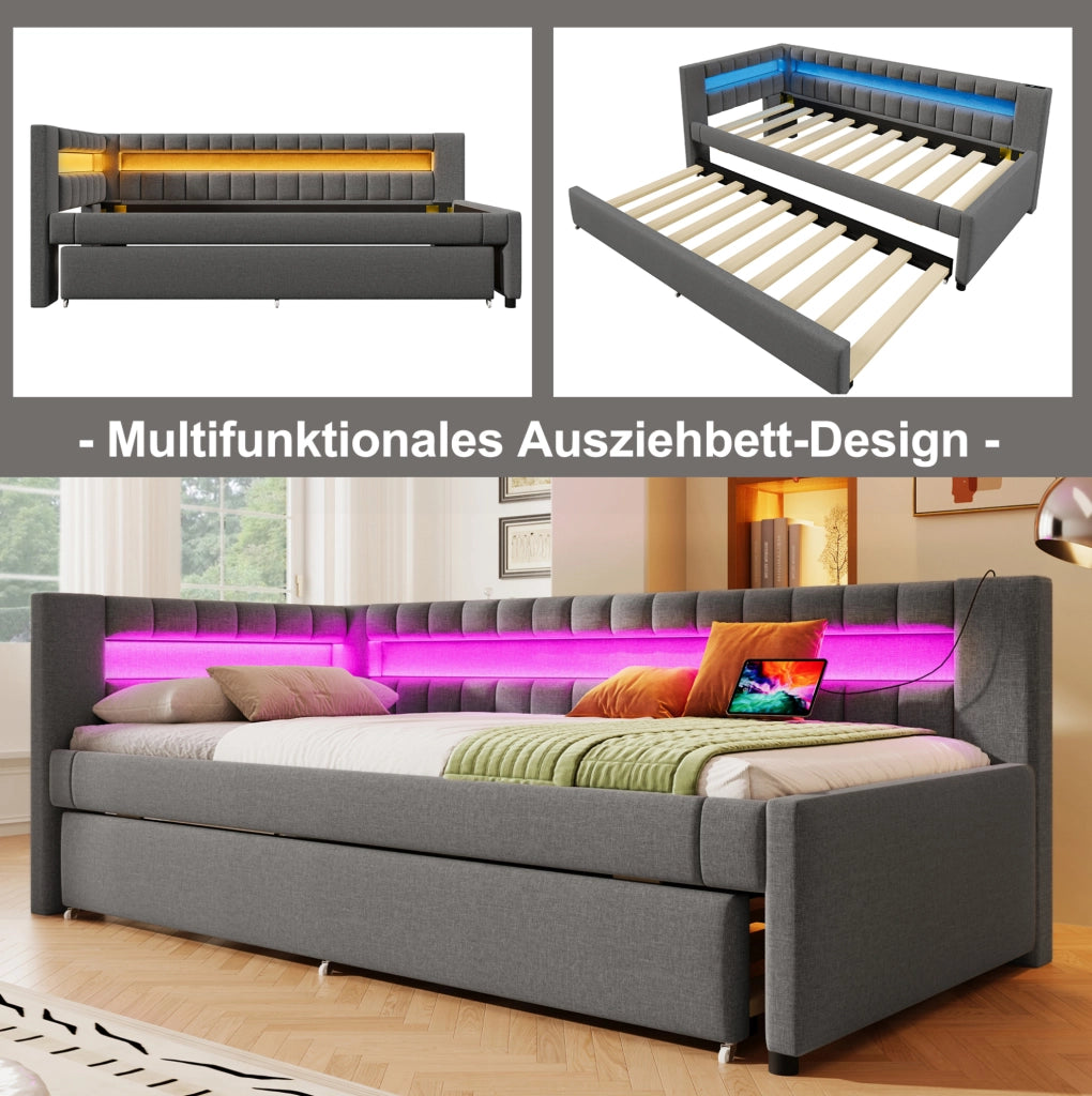 Letto da giorno 90x200 cm con letto estraibile, LED e USB-C