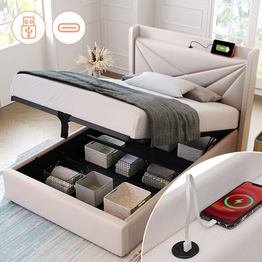 Letto a ribalta imbottito 90x200 - Xylo - Beige - Testiera con USB