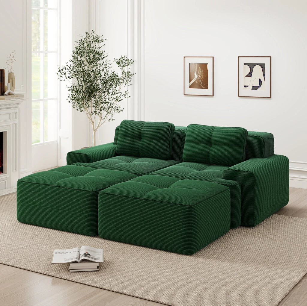 Divano modulare a U 204x177x69 cm in velluto a coste verde; seduta profonda; senza montaggio