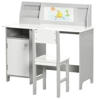 Set Tavolo e Sedie per Bambini 5+ Anni in Legno con Banco Scuola e Sedia Bianco e Grigio