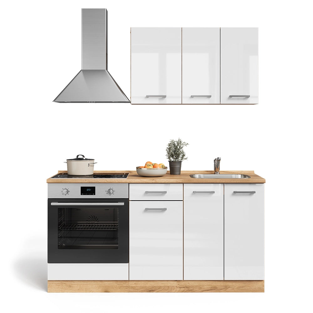 Vicco Cucina completa Bianco lucido/oro power oak 160 cm con colonna forno senza piano di lavoro