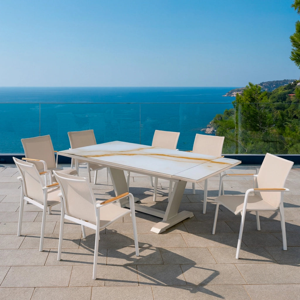 SINED Tavolo da Giardino Allungabile 180-280 cm in Alluminio Verniciato e Piano in Ceramica Effetto Travertino Colore Crema-Travertino TAVOLO-GIARDINO-180-280-TRAVERTINO