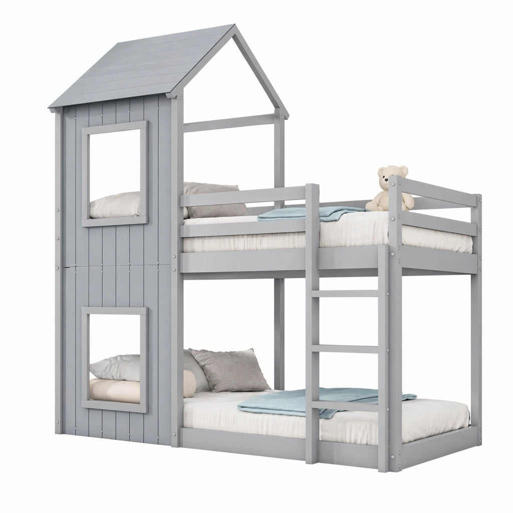 DESMIU Lit a castello bambino 90 × 200 cm con sponda di sicurezza e tetto, senza materasso, in pino, grigio