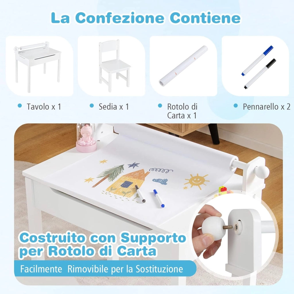 Set Tavolo e Sedia d’Arte per Bambini 3+ Anni, Scrivania in Legno di Pino da Disegno con Portarotolo, Piano Ribaltabile & Vano Portaoggetti, Rotolo di Carta 10m e 2 Pennarelli (Bianco)