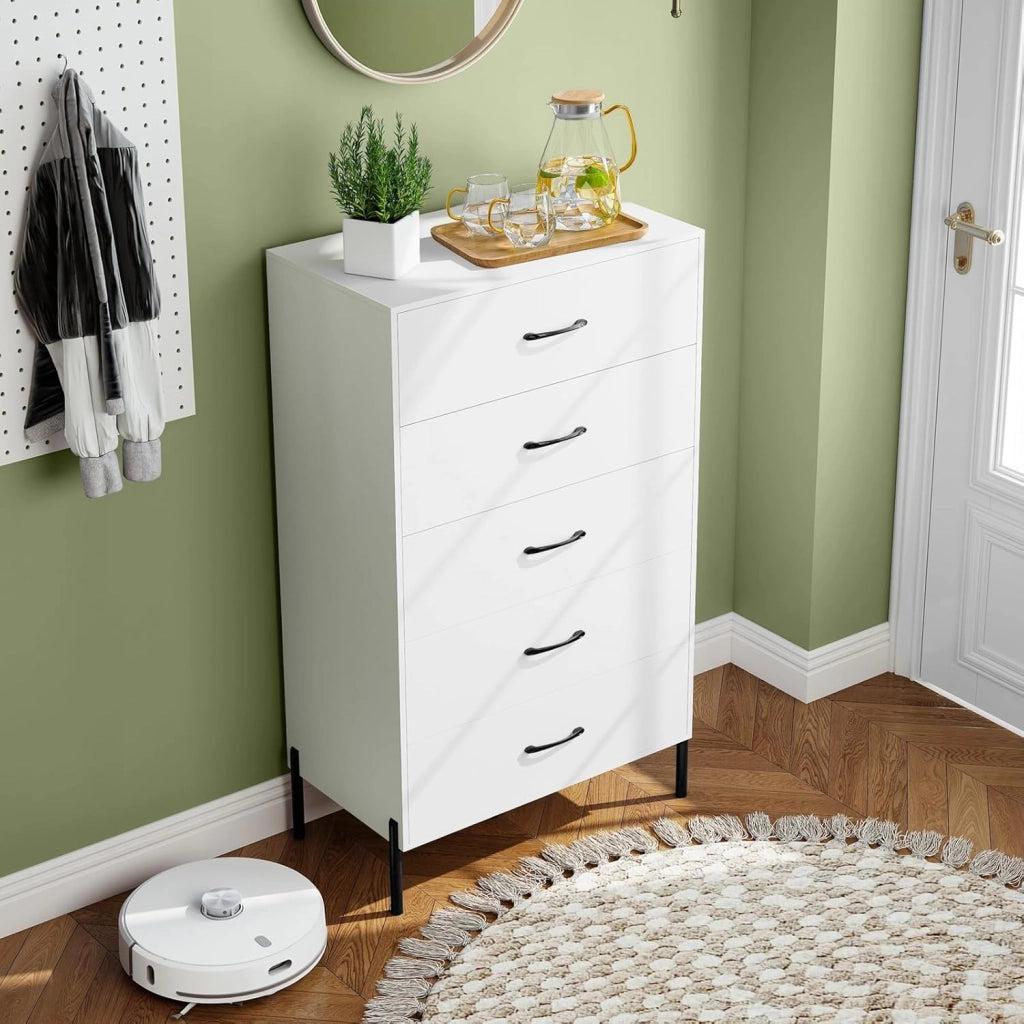 Cassettiera con 5 cassetti, cassettiera alto con gambe in metallo, antiribaltamento, per corridoio, cucina, soggiorno, camera da letto, 71 x 40 x 125 cm