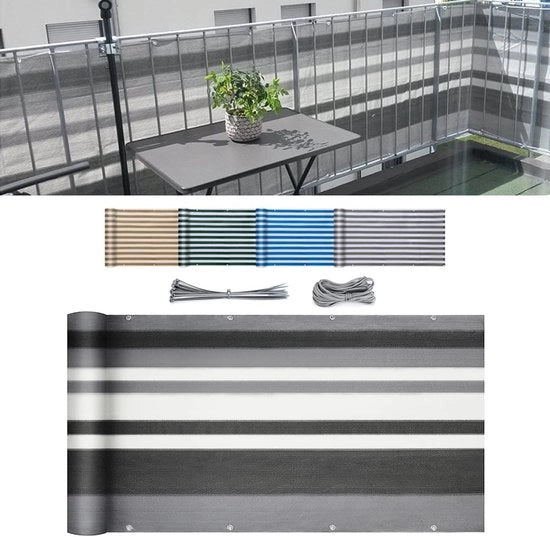 Schermo per balcone, opacizzato, protezione dal vento e UV, resistente al tempo, 75/90/120 cm x 600/500/300 cm, con occhielli, cordino in nylon e cavo, grigio, a strisce.