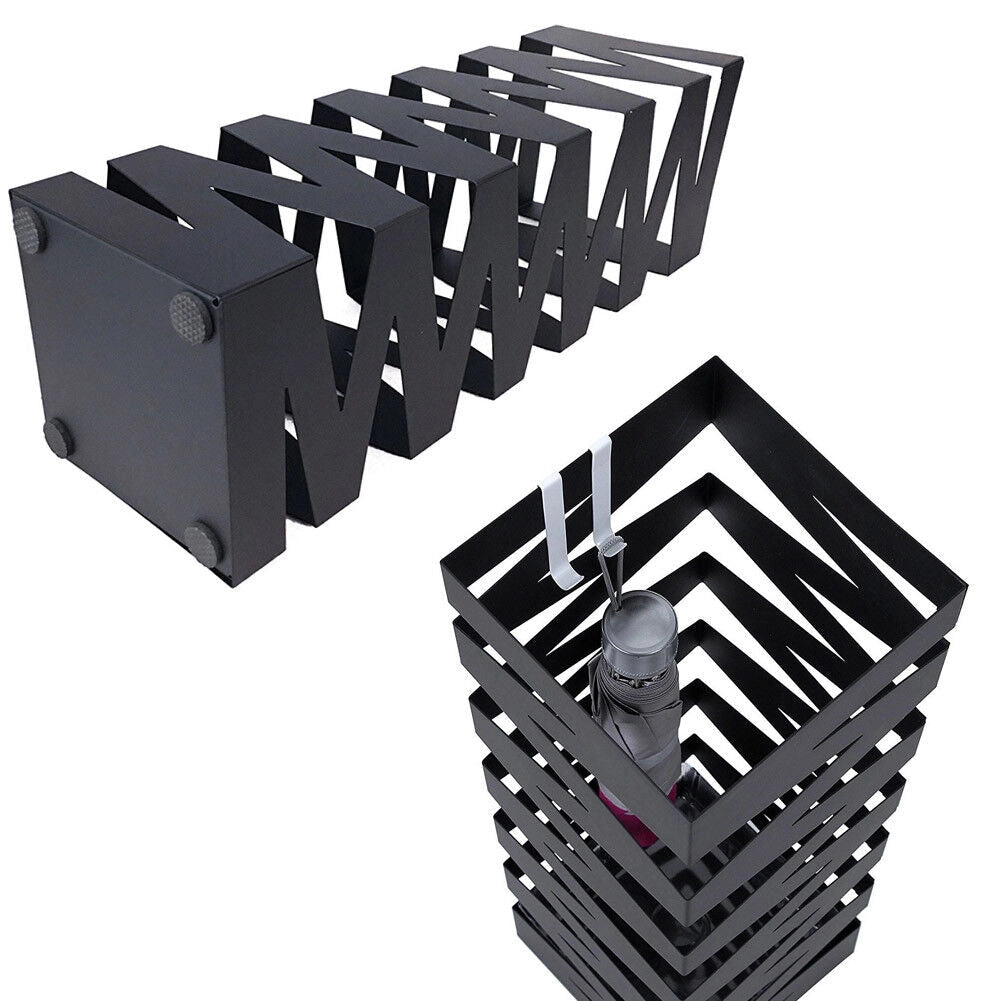 Portaombrelli in Metallo Design Quadrato Stand Nero Vaschetta Salvagoccia
