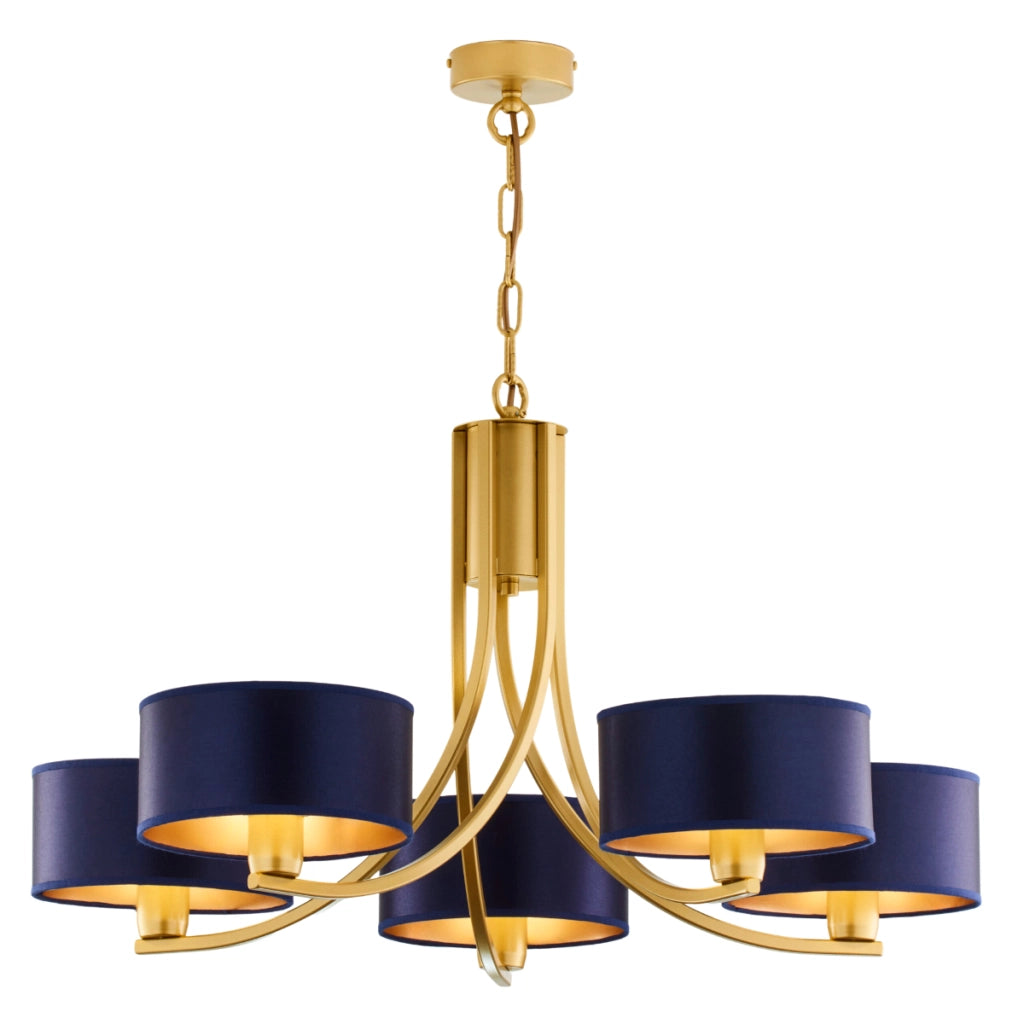 Lampadario oro a catena, paralumi blu 5xE27 Arthur Jupiter