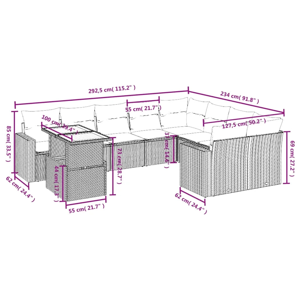 Set Divani da Giardino 10pz con Cuscini in Polyrattan Nerocod mxl 88719