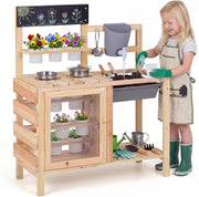 Cucina per Bambini in Legno, Cucina di Fango da Esterno con Serbatoio, Lavello, 12 Vasi di Fiori Rimovibili, Lavagna, Ripiano Inferiore e Accessori per Cucinare per Bambini 3+ Anni