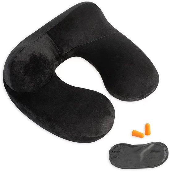 Cuscino gonfiabile - 100% morbido supporto cervicale in flanella per viaggi, aerei, treni, auto e ufficio con borsa compatta, imbottitura respiro e copertura lavabile, nero