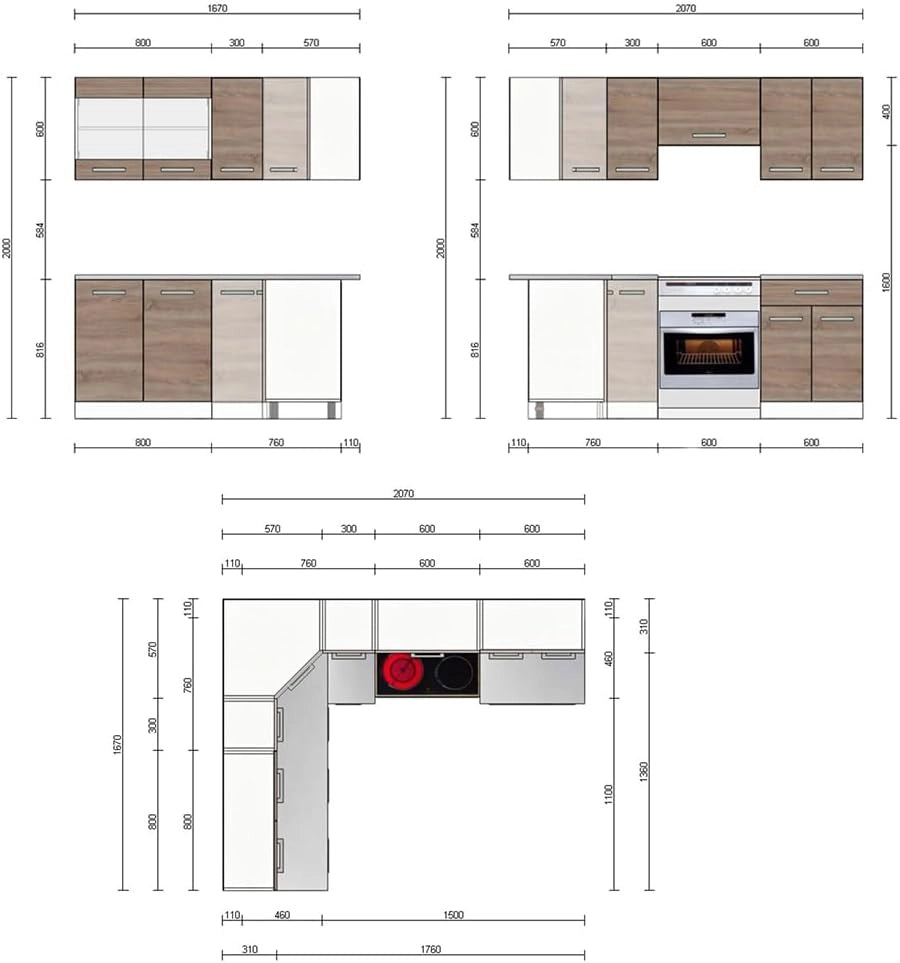 Cucina ad angolo Rick, Bianco/Sonoma, 210 x 60 cm, PL Marmo, per disposizione flessibile ed espansione personalizzata