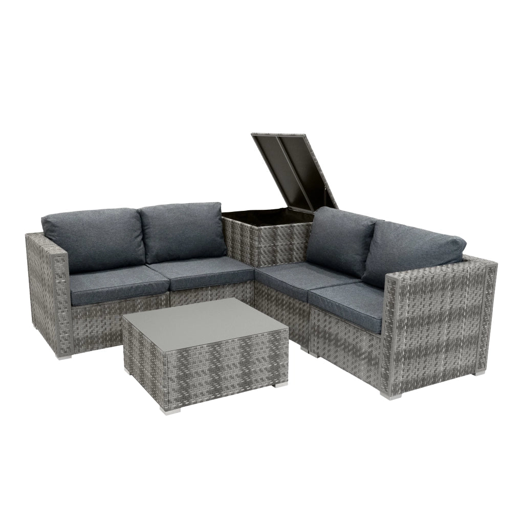 Set Divani Rattan Grigio 6 Pezzi con Cuscini, Tavolino e Baule 250L