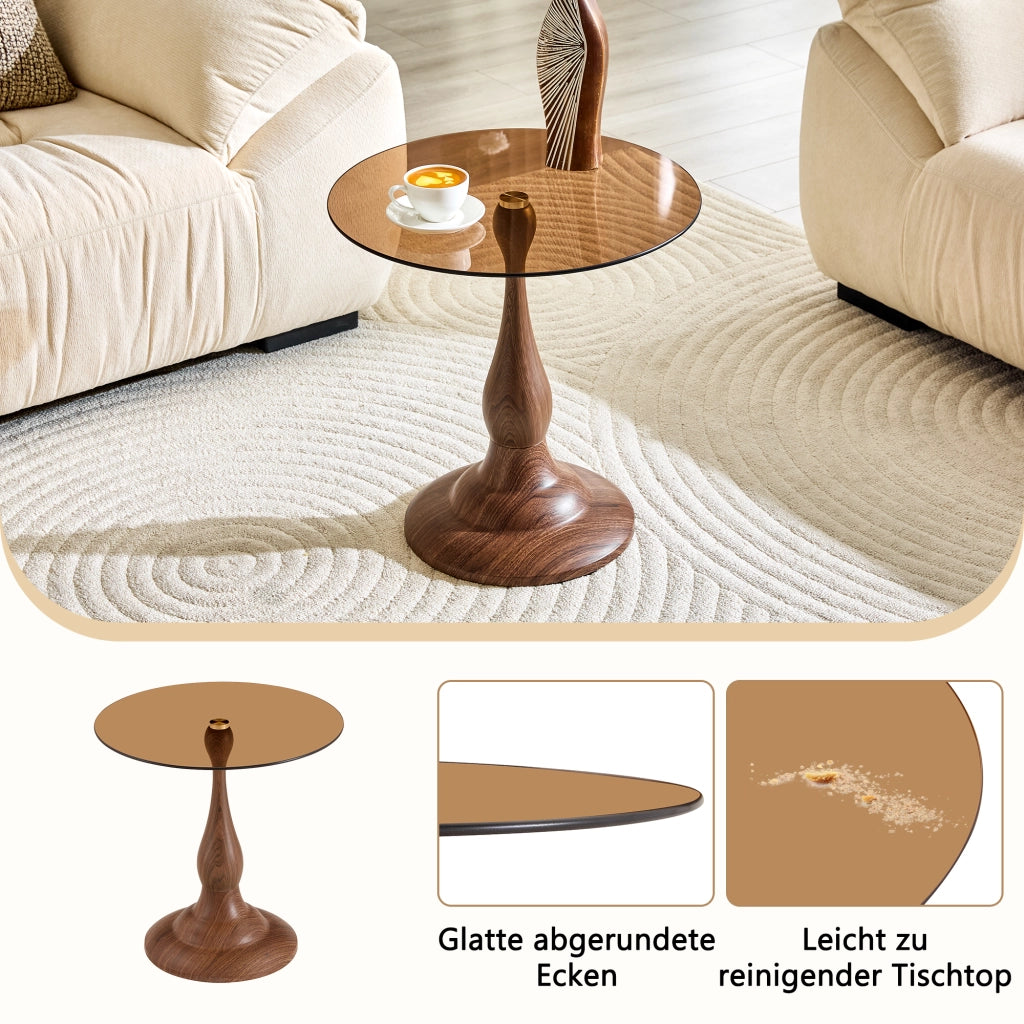 Tavolino basso rotondo in vetro temperato con base in metallo per soggiorno e camera da letto marrone diametro 50 × 51,5 cm
