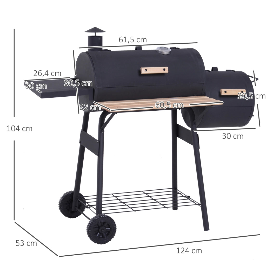 Barbecue a Carbone con Coperchio e Affumicatore Smoker, BBQ da Giardino con Ruote, Termometro e Ripiani, Nero