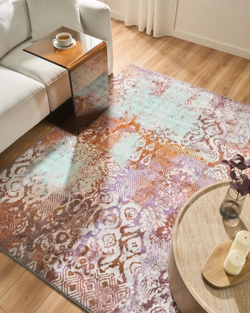 Tappeto multicolore in poliestere, 140 x 200 cm, tessuto a trama piatta, stile orientale boho, con vivaci motivi stampati