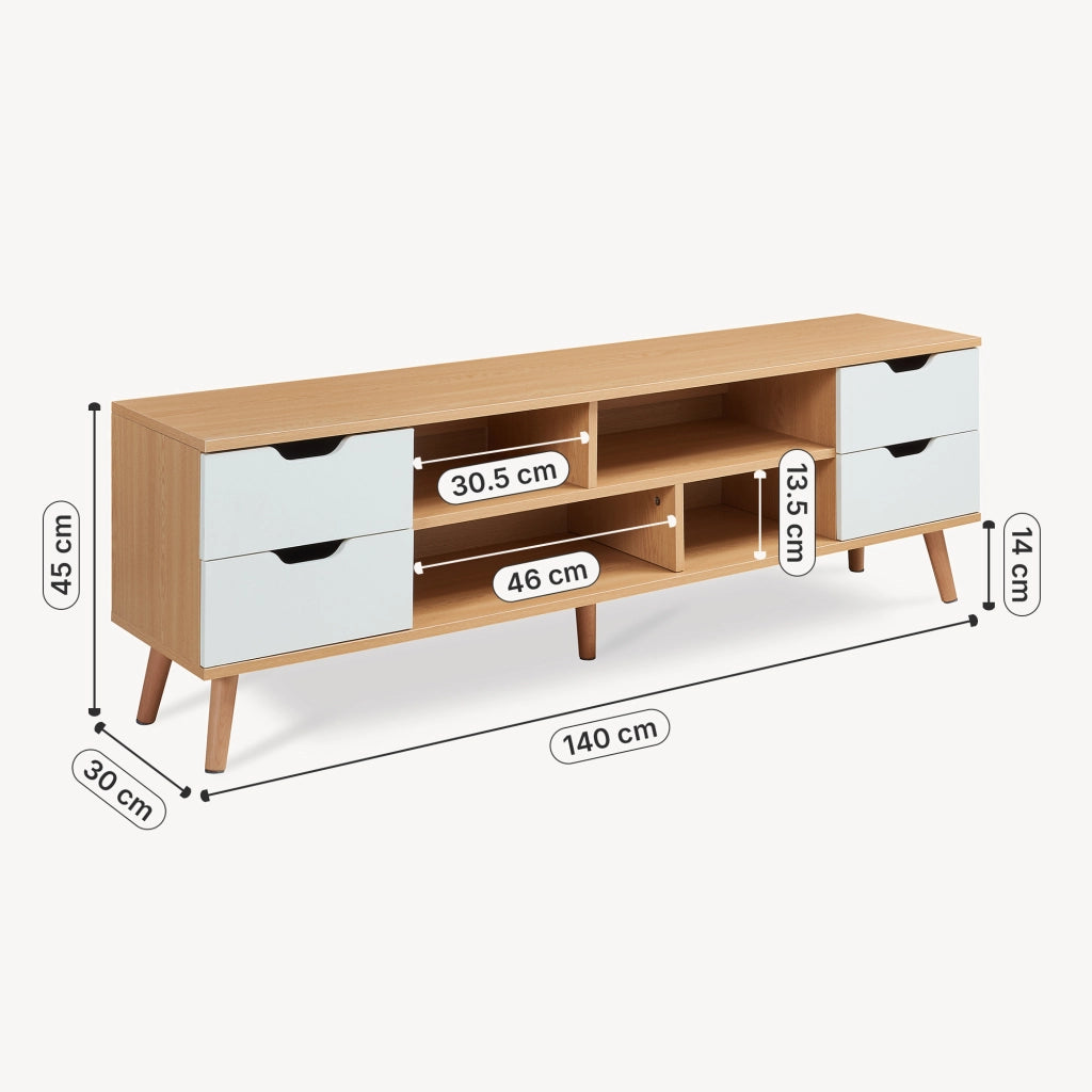 Mobile Porta TV Bordkak con 4 Cassetti a Scomparti Aperti 140 x 30 x 45 cm - Effetto Rovere / Bianco [en.casa]