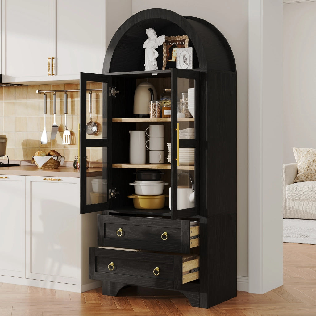 Credenza da cucina con 2 ante in vetro; 2 cassetti e ripiani regolabili - in MDF e vetro - nero