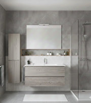 Mobile Bagno LOKI Già Montato 2 cassetti con piedini, lavabo e specchio Rovere affumicato 80x45 cm con colonna