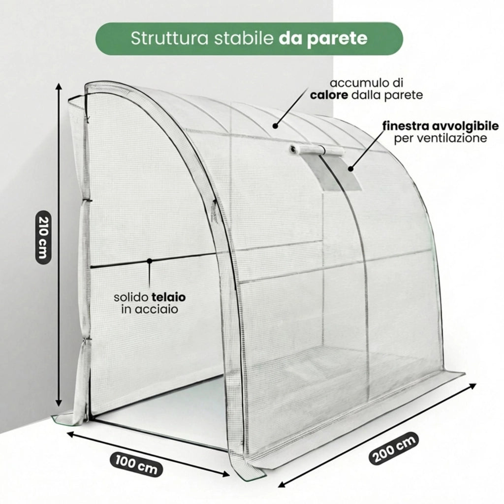 Serra da giardino addossata con struttura in metallo e telo in PE 1 porta 1 finestra Bianco 100x200x210 cm