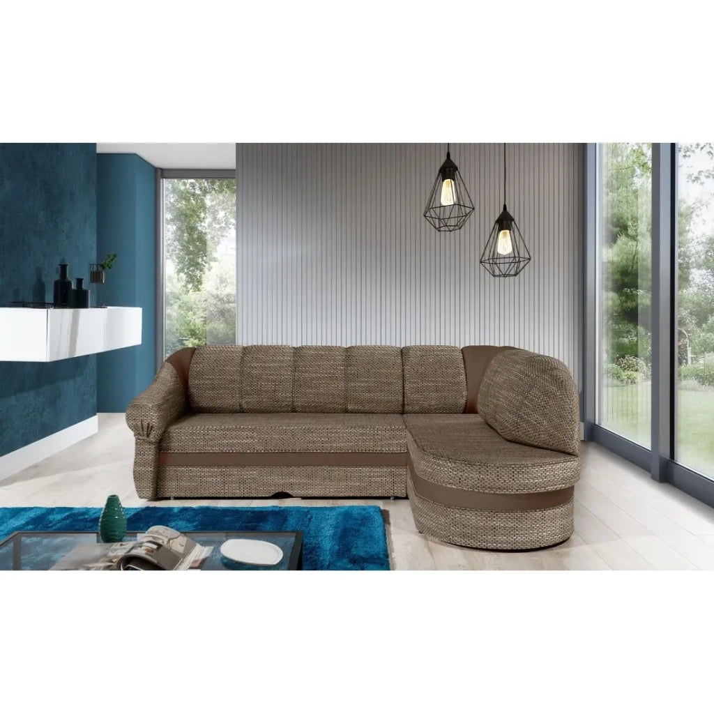 Divano angolare destro trasformabile BENANA 250 cm beige e marrone con contenitore