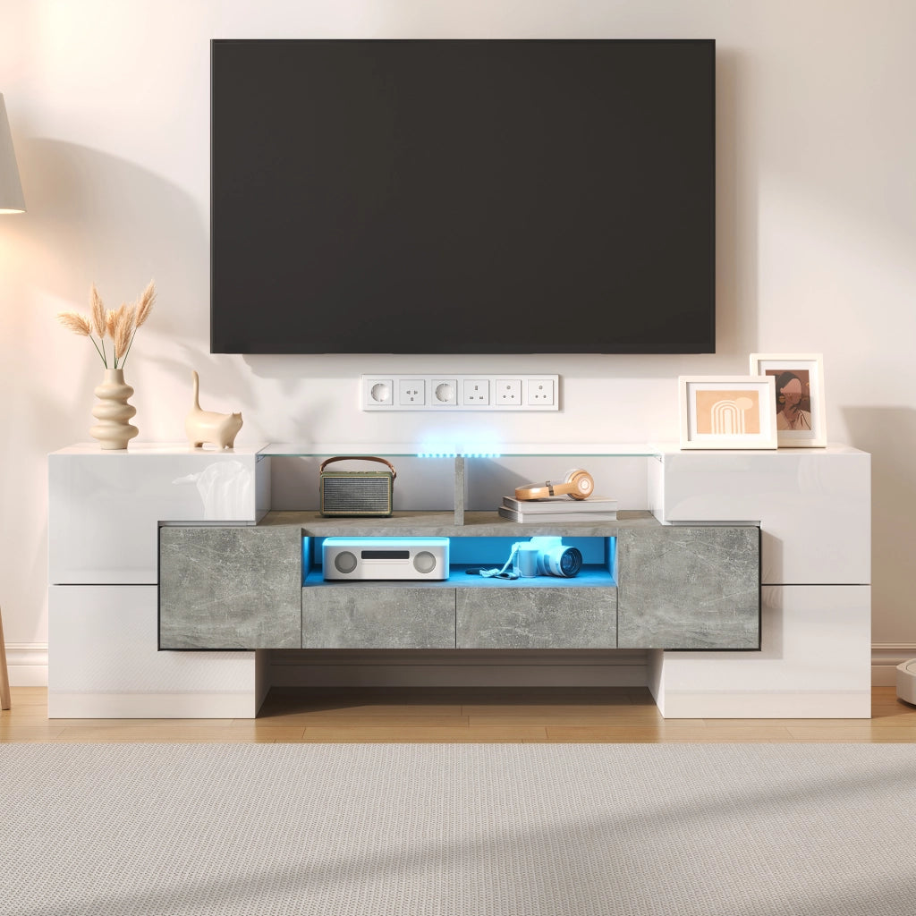 OKWISH Mobile TV con 6 Ante, 2 Cassetti, 3 Vani e LED, Finitura Lucida per Soggiorno, Bianco, 145x30x51 cm