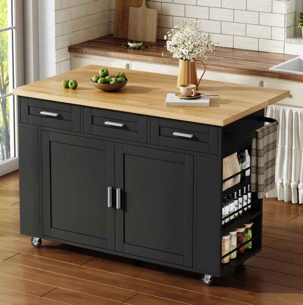 Isola cucina con piano ribaltabile 120x45(70)x84 cm in MDF naturale e nero; con ruote