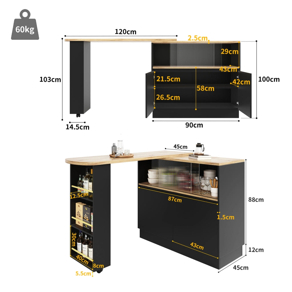 Mobile bar girevole 90x45x100 cm con porta scorrevole in vetro e struttura in MDF nero