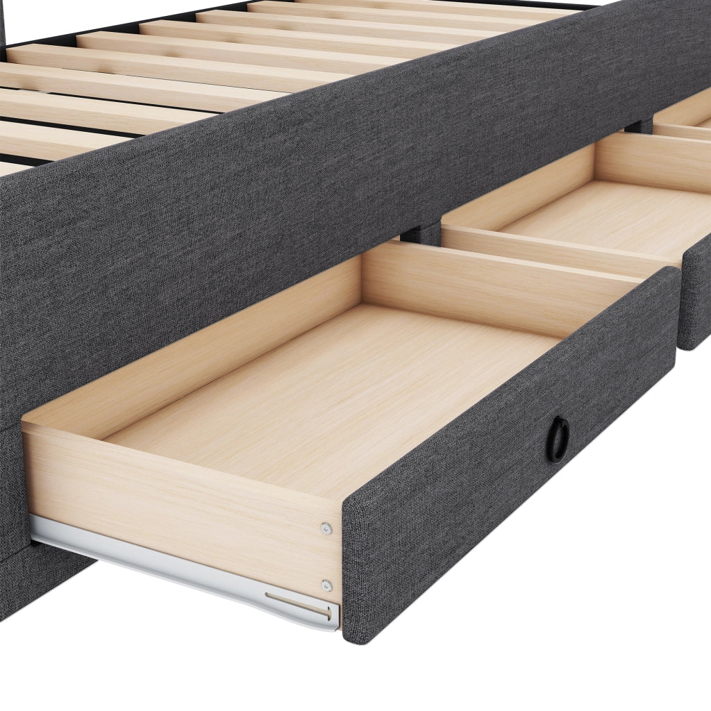 OKWISH Letto Combinato 90×200 cm, Letto Singolo con Letto Estraibile, 3 Cassetti e Testiera Regolabile, senza Materasso, Lino, Grigio