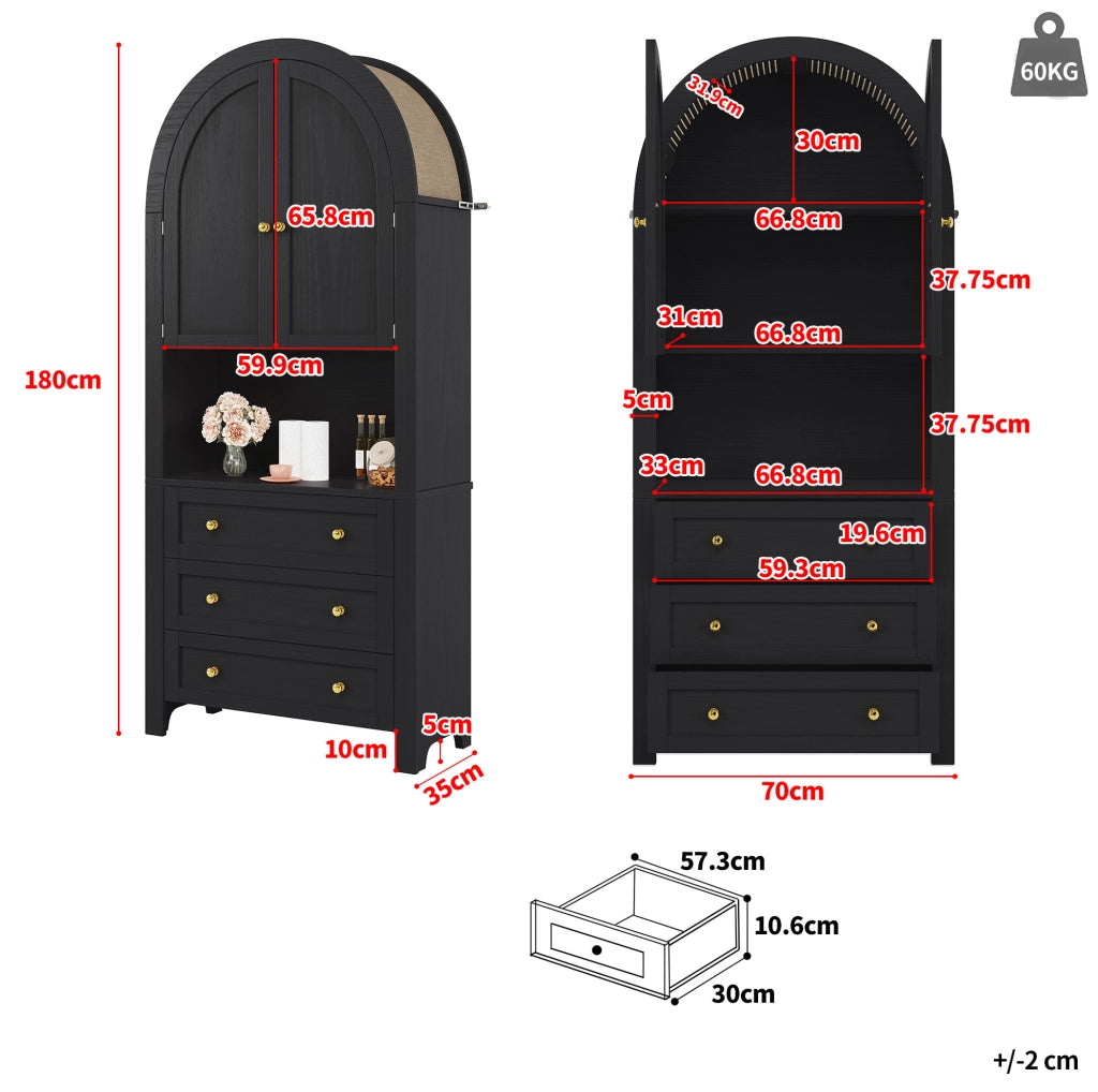 Credenza alta 70x35x180 cm con 3 cassetti; vano aperto e dettagli in metallo in MDF nera