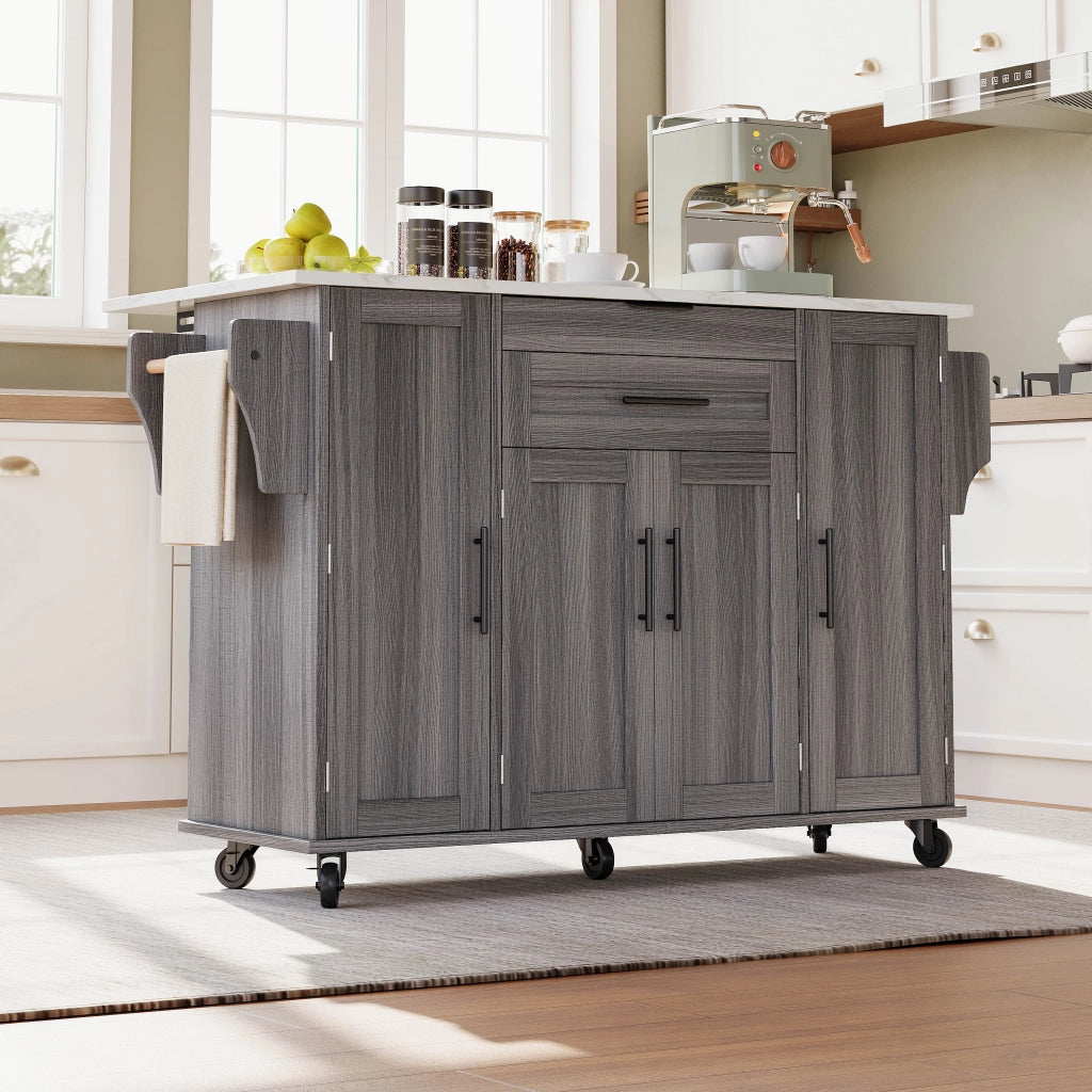 Isola da cucina mobile 120x45 cm con piano estraibile, cassetti nascosti, ripiani regolabili e 2 colli