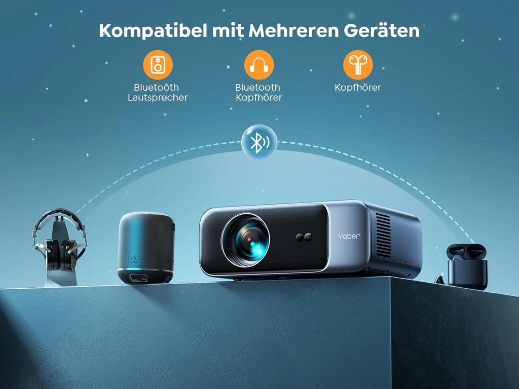 Proiettore YABER Home Cinema, 1080P Full HD compatibile 4K, Autofocus e Correzione Keystone, WiFi 6 Bluetooth Portatile Esterni Schermo 300 Pollici, per Smartphone/Fire TV Stick/PS5