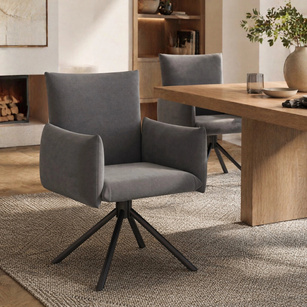 Set di 2 sedie da pranzo girevoli 360° in velluto grigio con braccioli e gambe in metallo