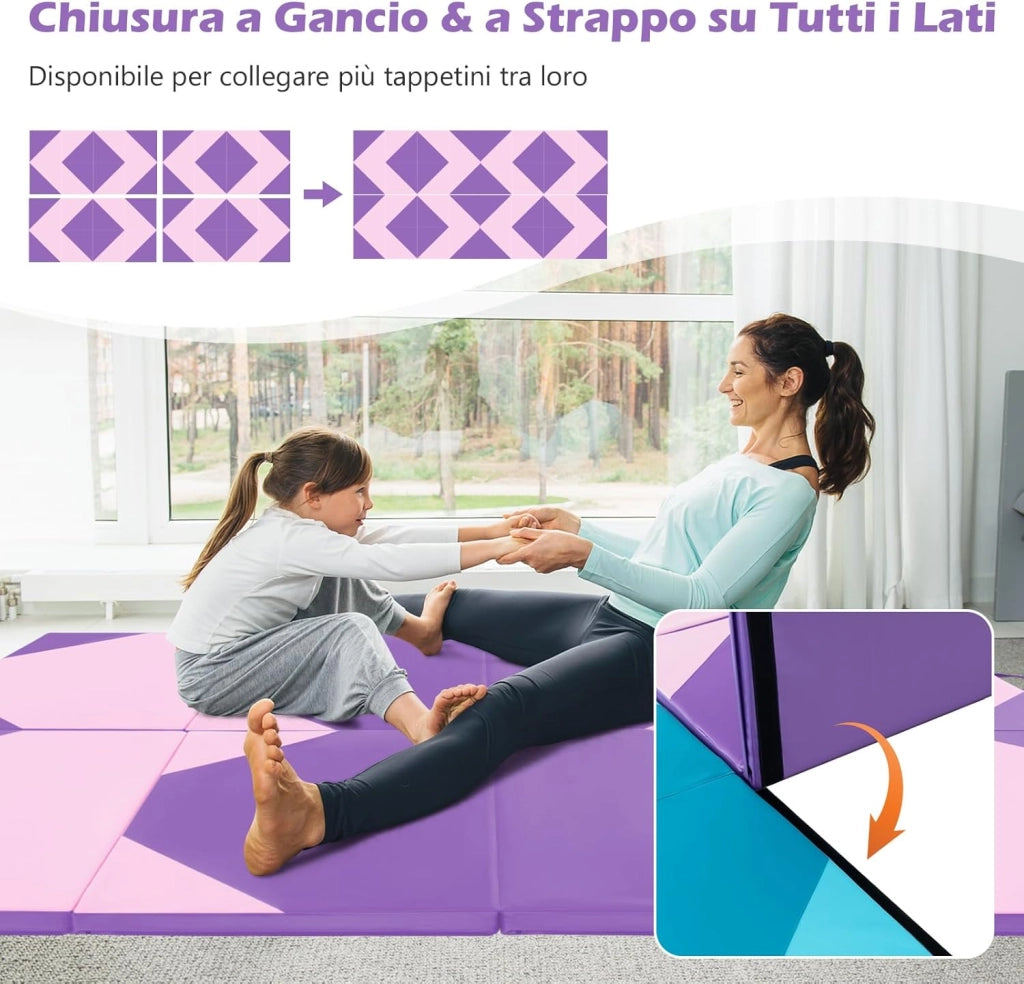 Tappetino Ginnastica Pieghevole 300 CM, Tappetino a 4 Pannelli in Similpelle con Gancio, Chiusure a Strappo e Maniglie per Ginnastica, Yoga e Allenamenti da Casa e Palestra