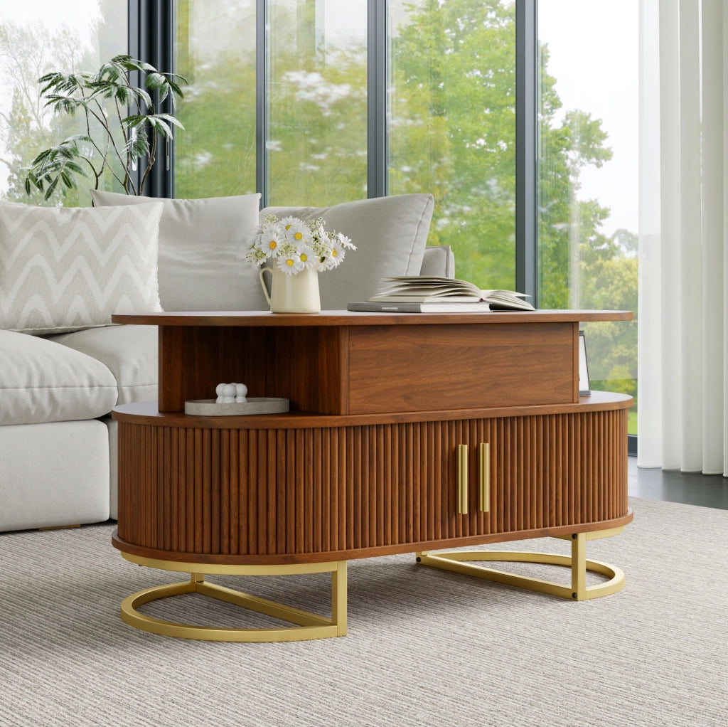 Tavolino da caffÃ¨ ovale 100x50x64 cm con piano sollevabile e vani in MDF noce