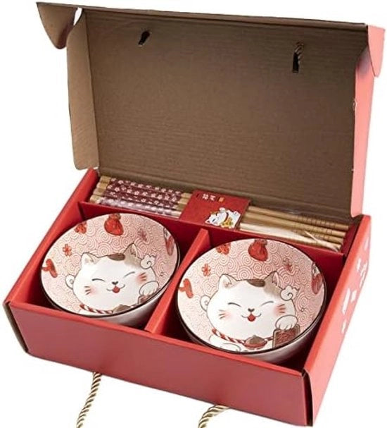 Set di piatti per riso, colazione e zuppa - servizio da tavola giapponese in porcellana - con forchette - Gatto Fortunato - regalo giapponese - decorazione kawaii giapponese