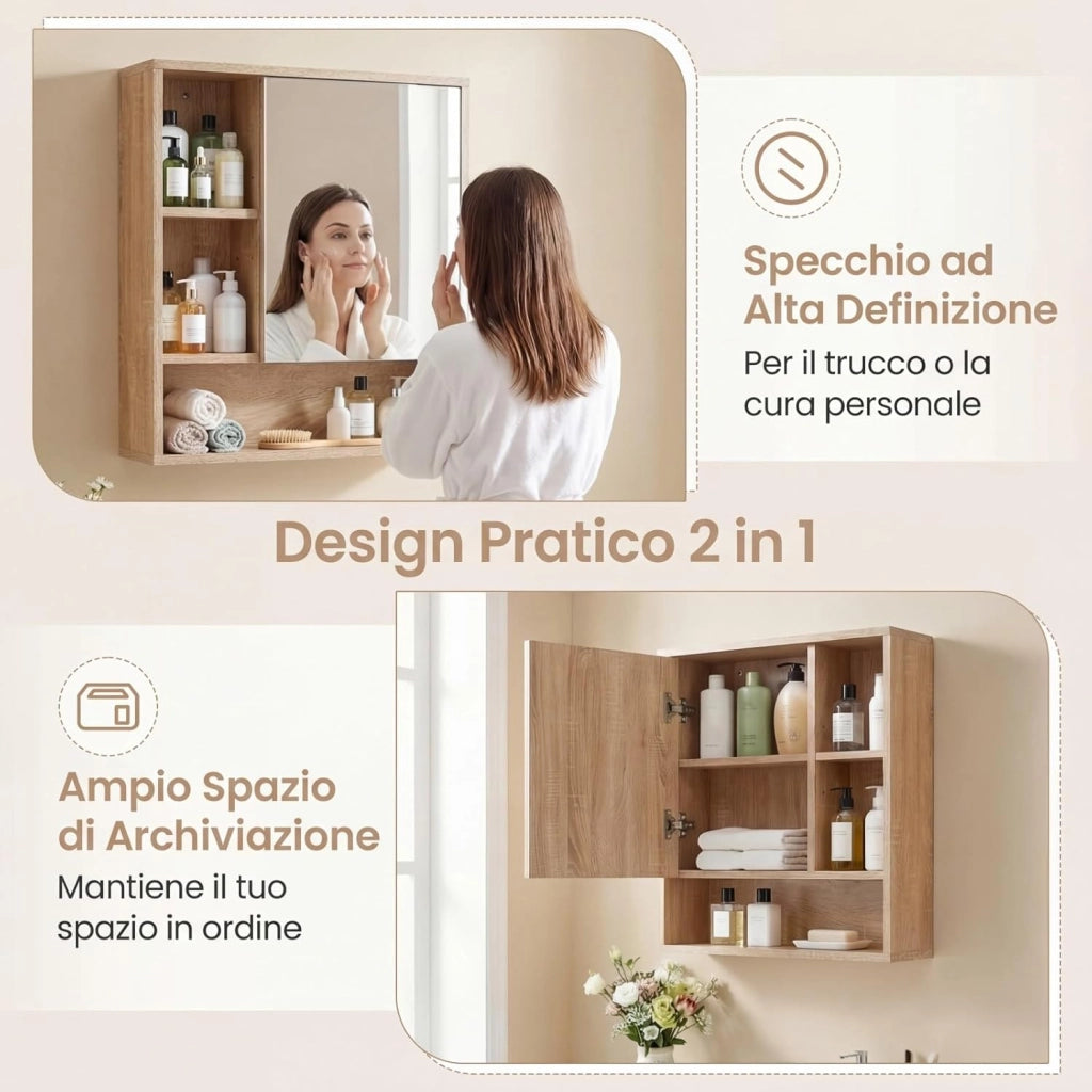 Mobile Bagno con Specchio da Parete, Specchiera Salvaspazio in Legno con Ripiano Regolabile e Scomparti Aperti, Armadietto Pensile per Bagno, Soggiorno e Cucina, 55 x 16,5 x 61 cm (Naturale)