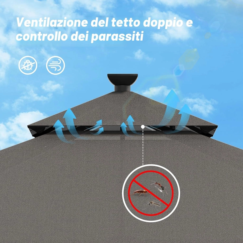 Gazebo Esterno Resistente 3x3m con Luce LED, Gazebo da Giardino Impermeabile Robusto per 4-6 Persone, Doppio Tetto Protezione UV50+, Tenda da Giardino per Famiglie Festival Eventi, Grigio