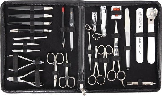 Set di manicure - Set di manicure 7-dlg MEGA set di unghie 'Varese' - pelle in plastica nera - paio di forbici per unghie - pinza per unghie - paio di forbici da barba - trimmer per unghie
