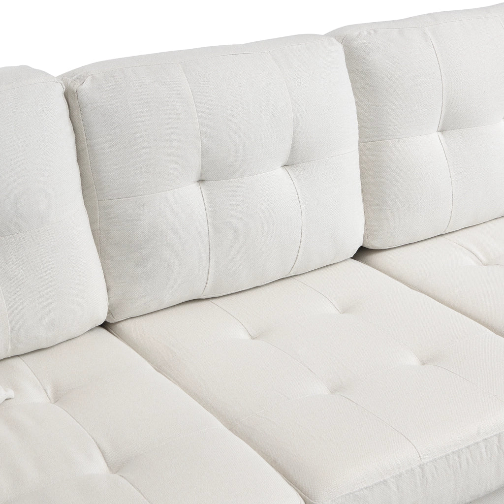 Divano angolare 4 posti con contenitore; USB e LED; pouf modulare in tessuto beige
