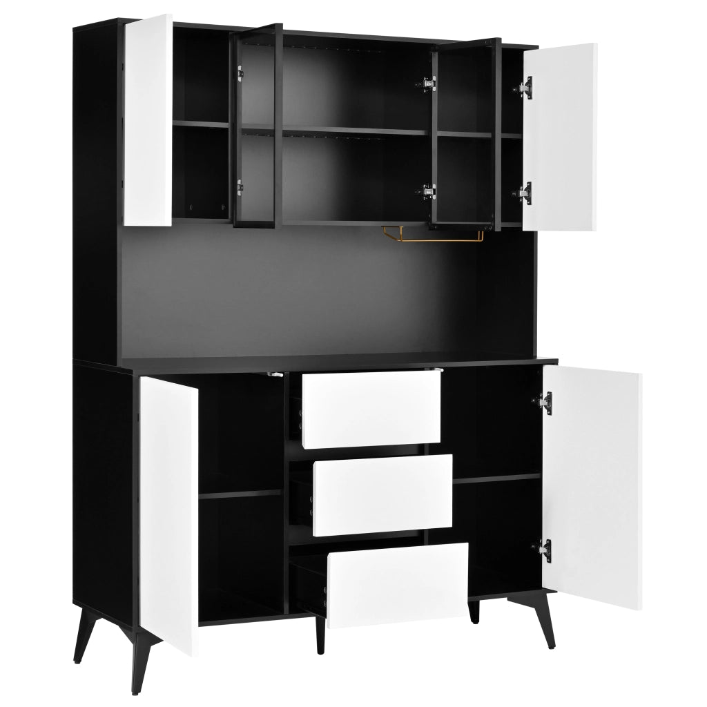 Hochschrank con vetrina in vetro, LED regolabile via app, 2 ante, 3 cassetti, MDF nero e bianco
