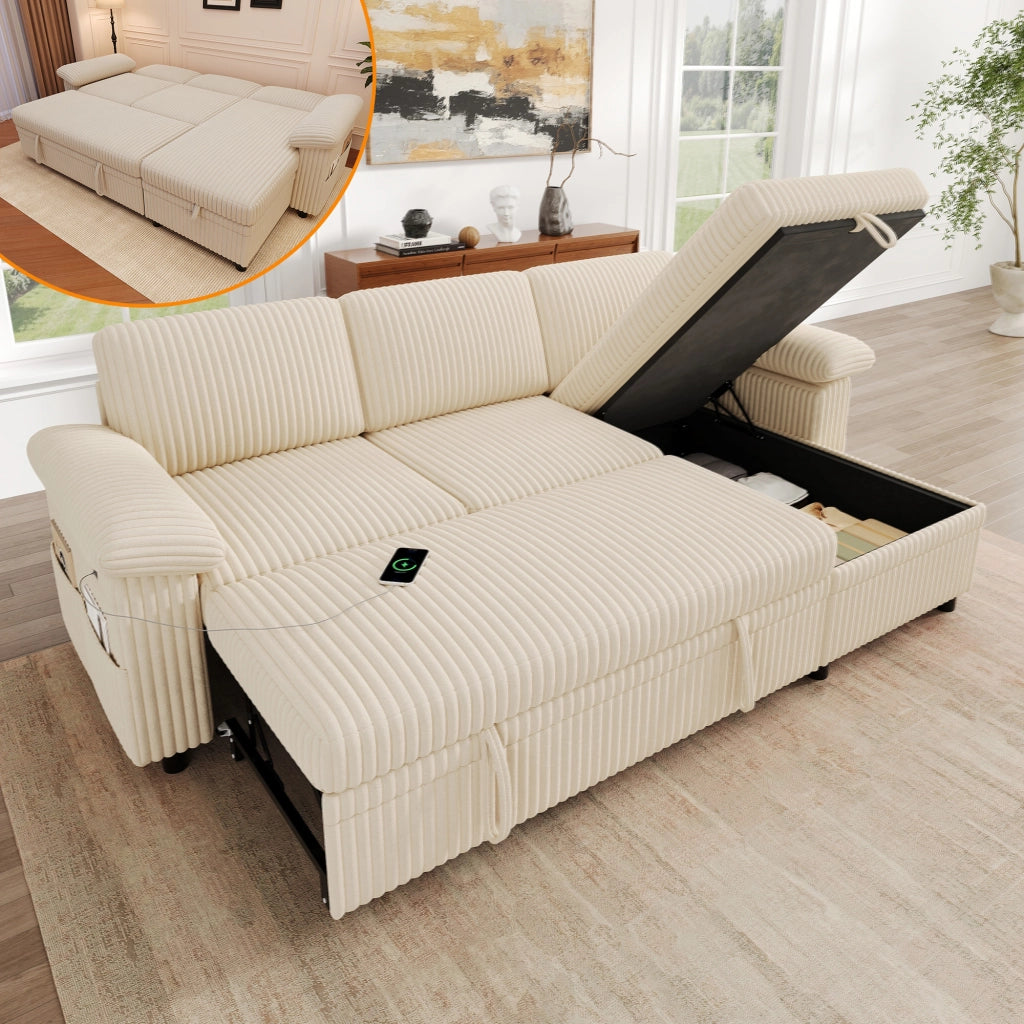 Divano angolare a L con letto estraibile e chaise longue reversibile; beige