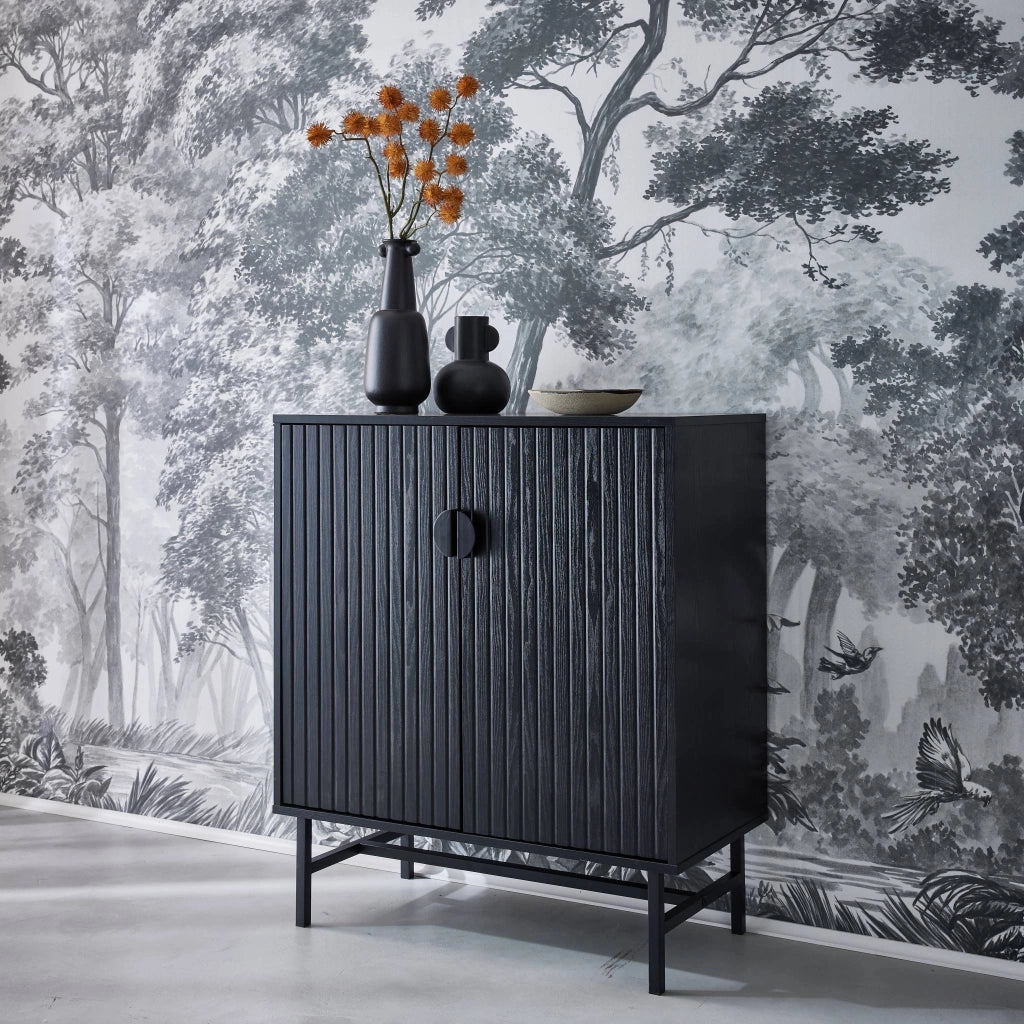 Credenza effetto legno con scanalature nere 2 ante, 80cm, nero